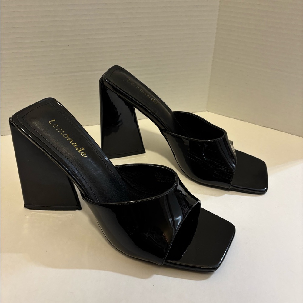 🔵LEMONADE Patent Faux Leather Black Block Heeled Mules - Picture 8 of 11
